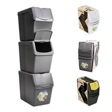 Image of Sorting Waste Bin Recycling Dustbin 20L Black White Grey Stackable Set of 3 Bins