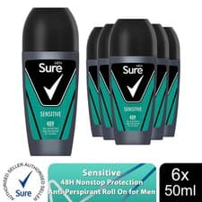 Image of Sure Men Sensitive Antiperspirant Roll On 48H Sweat & Odour Protection, 6x50ml