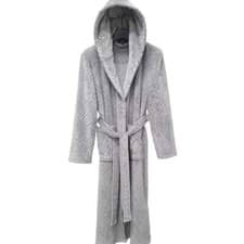 Image of Unisex Hooded Bathrobe Dressing Gown House Coat Soft Touch Velour Geometric Grey