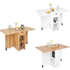 Image of Mondeer UK Folding Dining Table Rolling Drop Leaf with Drawer & 2 Open Shelves