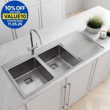 Image of Kitchen Sink 2.0 Double Bowl RH Drainer Stainless Steel Modern Inset Waste Kit