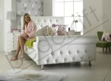 Image of DIAMOND SLEIGH LEATHER BED | Diamante or Fabric Button | Velvet, Linen, Chenille