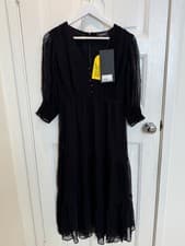 Image of The Kooples BNWT Black Chiffon V Neck Midi Dress, Size 2, RRP £285