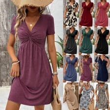 Image of Ladies Summer Cotton V Neck Ruched Dress Casual Party Short Sleeve Midi Dresses@