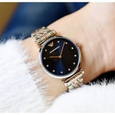 Image of NEW EMPORIO ARMANI WOMENS WATCH SILVER GOLD STRAP & BLUE DIAL AR11092 GENUINE