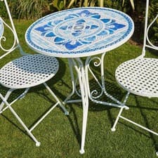 Image of Bistro Table Blue White Mosaic Patio Outdoor Garden Furniture Stylish & Durable