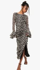 Image of Boohoo Leopard Chiffon Ruffle Midaxi Dress Open drape back size 16