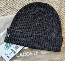 Image of Genuine LACOSTE Black Noir Fleck 100% Wool BEANIE Hat Tags RB4737 Laine Lac4