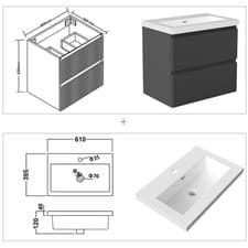 Image of Wall Hung Bathroom Vanity Unit with Basin Sink Unit 2 Soft-close Drawers Grey