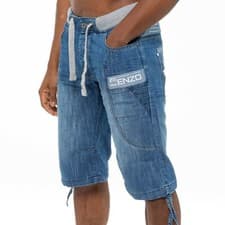 Image of Enzo Mens Designer Shorts Casual Elasticated Ribbed Waist Denim Knee length Jean