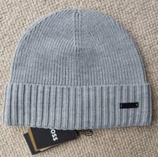 Image of Genuine HUGO BOSS Grey 100% Virgin Wool Leather Logo BEANIE Hat 50475930
