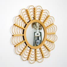 Image of Rattan & Bamboo Wall Mirror 51x51cm Flower Petal Wooden Natural Boho Home Decor
