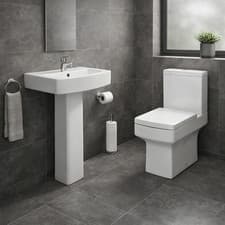 Image of Toilet Basin Set White Bathroom Pedestal Sink & Close Coupled WC Modern
