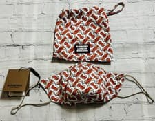 Image of Burberry TB Monogram Print Face Mask & Drawstring Bag Logo Tan Orange White NWT
