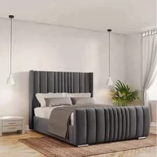 Image of Ottoman Storage Bed Frame Wingback Plush Upholstered Velvet &Mattress All Sizes