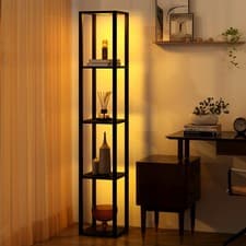 Image of Wooden Floor Lamp 4-Tier Display Shelves With LED Lights Modern