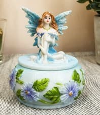 Image of Blue Lily Flora Fairy Garden Fae Small Round Trinket Jewelry Box Figurine 3.25"H