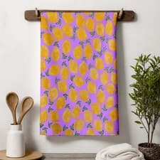 Image of Lemon Tea Towel Vintage Citrus Fruit Art Purple Kitchen Rustic Cute Linen Decor