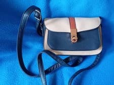 Image of "ACCESSORIZE" BLUE/IVORY LEATHER SATCHEL BAG NEW Across Body .Adjustable Strap.