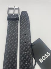 Image of Hugo Boss Mens Black Leather Monogram Belt New 90-34 Fits 32” Brand New