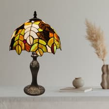 Image of Tiffany Style Table Lamp Leaves Design 10 inch Shade Handcrafted Stained Glass