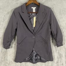 Image of Esley Blazer Women S Charcoal Grey Ruched 3/4 Sleeve Single Button Contemporary