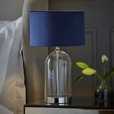 Image of Glass Table Lamp Chrome Base Living Room Bedroom Light Velvet Lampshade Shade