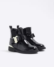 Image of River Island Mini Girls Chelsea Boots Black Heart Bow Round Toe Side Zip Shoes