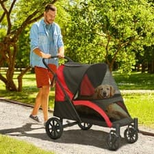 Image of Dog Stroller, Foldable Pet Stroller for Large Dogs w/ 4 Big Wheels, Red/Black