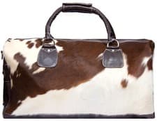 Image of Deluxe Leather Holdall Brown Bag Genuine Cowhide & Cow Fur Weekend Duffel Travel