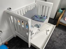 Image of Babymore Eva Sleigh Cot Bed White. Convertible To Toddler Bed And Day Bed
