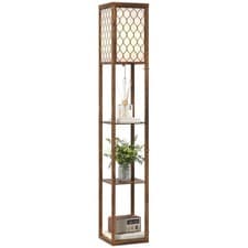 Image of Modern Floor Lamp Light with 3 Shelves Fabric Lampshade Rustic Brown New