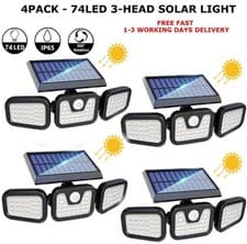 Image of 3-Head 74 LED Solar Powered PIR Motion Sensor Wall Garden Security Flood Lamp
