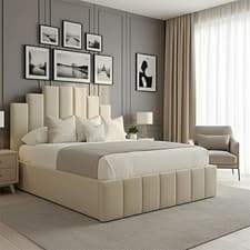 Image of Crown Panel Bed Frame Plush Velvet Upholstered Ottoman Gas Lift Storage 5FT UK