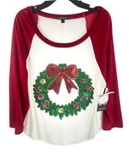Image of Moa Moa Christmas Top L Juniors Ivory Dk Red Green Sequin wreath NWT $34