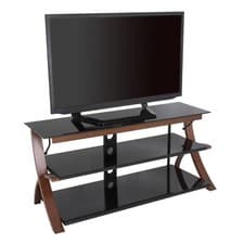 Image of TV Stand Modern Black Glass and Walnut Legs Unit up to 60" inch HD LCD LED TVs