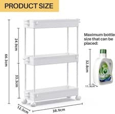 Image of 3 Tier Kitchen Storage Cart Trolley on Wheels Slim Bathroom Laundry Storage Rack