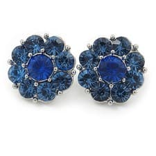 Image of Blue Crystal 'Flower' Stud Earrings In Rhodium Plating - 20mm D