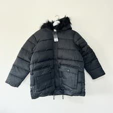 Image of Wallis Petite Hooded Puffer Coat Size L UK 16-18 Navy Patch Pocket Faux Fur Trim