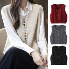 Image of Women Knitted Waistcoat Gilet Tank Tops Sleeveless Sweater Cardigan Casual Retro