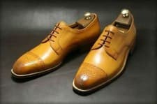 Image of Handmade Brogue Genuine Tan Leather Causal Wingtip Formal Men Lace Up Shoes
