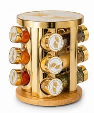 Image of Luxury Gold 12Jar Rotating Spice Rack Organiser Bamboo Carousel Kitchen Gift Set
