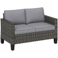 Image of Outsunny Rattan Sofa with Cushions, 2 Seater Garden Furniture, Dark Grey