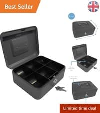 Image of Portable Key Lockable Cash Box - 8 Inch with 6-Compartment Coin Tray - Black