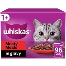 Image of 96 x 85g Whiskas 1+ Meaty Meals Mixed Adult Wet Cat Food in Gravy Value Pack