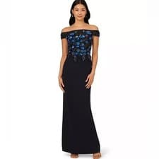 Image of Adrianna Papell Midnight Blue Floral Embellished Crepe Column Gown Size 12 $279