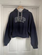 Image of New Women's Gap Cropped Navy Blue Hoodie size L 16-18 Oversized Sweatshirt Top