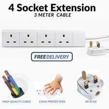 Image of 3,4,5,6 Gang Way UK Mains Plug Power Extension Lead Cable Electricity Cord