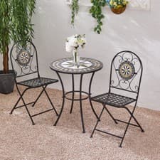 Image of Mosaic Bistro Set Table And Folding Chairs Outdoor Garden Patio Dining Furniture
