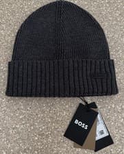 Image of NWT Hugo Boss Fati Logo Plaque Ribbed Beanie Hat Virgin Wool Charcoal Grey — OS